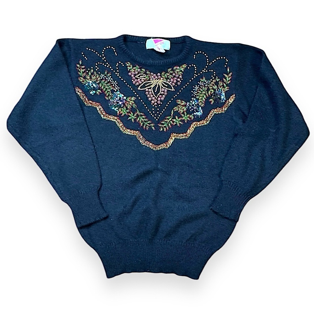 Vintage Festive Black Embellished Sweater and Beaded Floral 80s Design Sz M